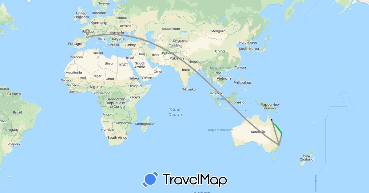 TravelMap itinerary: driving, bus, plane, hiking, boat in Australia, France (Europe, Oceania)